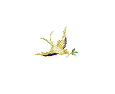 An Enamel Brooch, depicting a bird in flight, stamped '750', length 4.9cmGross weight 9.2 grams.