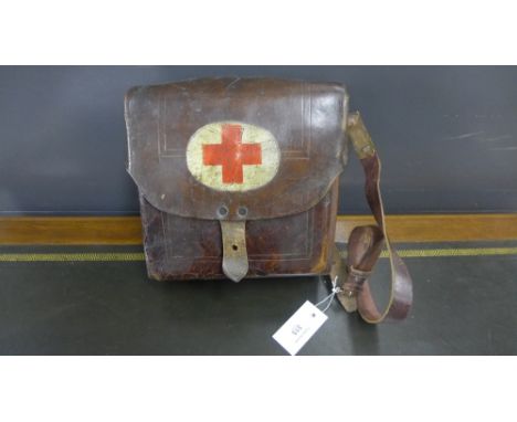 A vintage Chinese Army brown leather medical satchel with red cross to front, 24cm x 24cm 
