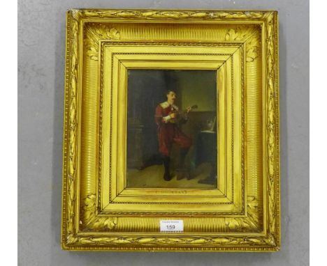 F. Moormans 'The Lute Player' Oil-on-Panel, signed bottom left  Under glass in an ornate gilt wood frame, 16cm x 20cm 