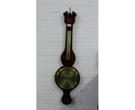 Mahogany and inlaid banjo barometer,  with thermometer plaque and silvered dial inscribed Pozzi & Tochetti, Aberdeen, 100cm l