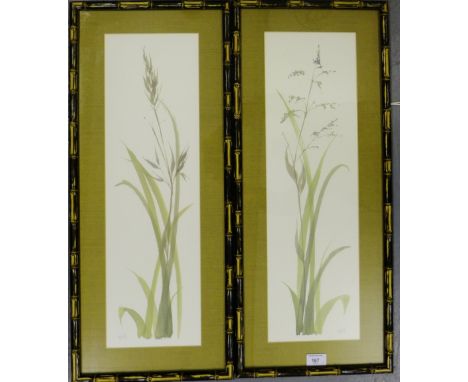 A companion pair of framed Japanese prints in faux bamboo frames, 31cm x 72cm 