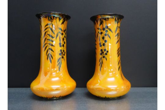 A Pair Of Crown Ducal Orange Lustre Ware Vases Each Decorated