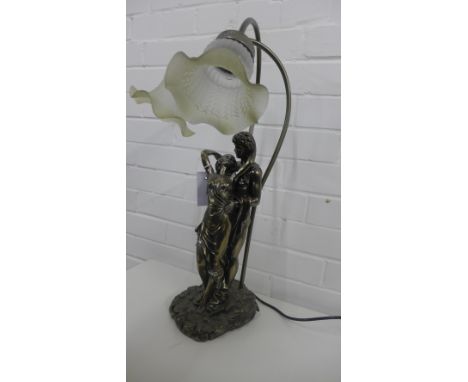 A patinated metal figural table lamp with twin opaque glass shades, height 58cm 