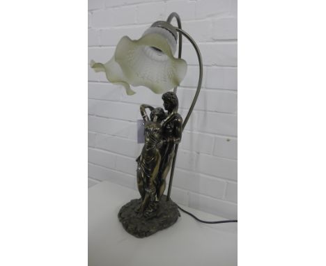 A patinated metal figural table lamp with twin opaque glass shades, height 58cm 