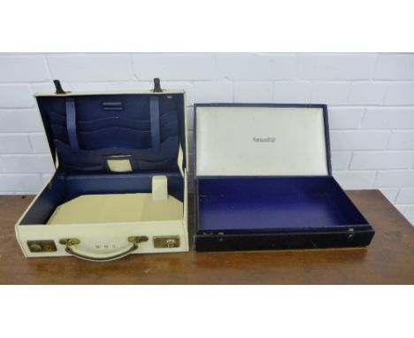 A vintage cream leather and navy leather interior attache case, together with a blue leather box for Abdulla & Co Ltd. 173 Ne