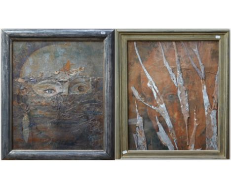 Elizabeth Macfarlane - Eyes/face, mixed media, 60 x 50 cm to/w Eyes, mixed media, signed with initials, 58 x 48 cm;&nbsp;Swan