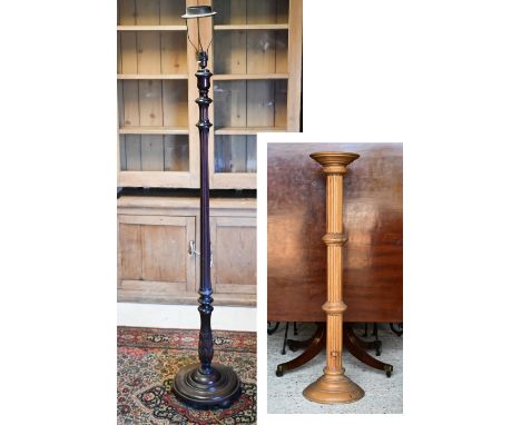 A traditional turned fluted standard lamp base to/with a modern pine pillar jardinière stand (2) 
