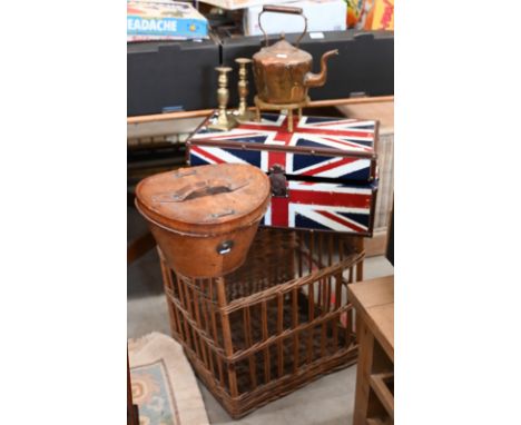 A leather hat box to/w a Union Jack small trunk, a wicker basket, copper kettle, 2 brass candlesticks and a brass trivet (6) 