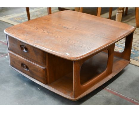 An Ercol (attributed/unmarked) elm Pandora coffee table, with two drawers and open sides on casters, 80 x 80 x 40 cm high, mo