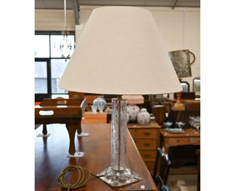 A glass pillar table lamp cut with thistle-design decoration, 58cm 