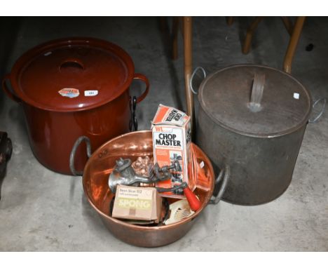 A large red enamel storage bin and cover, 29 cm high x 37 cm diam, to/w a galvanised ham-boiler with lift-out drainer, a copp