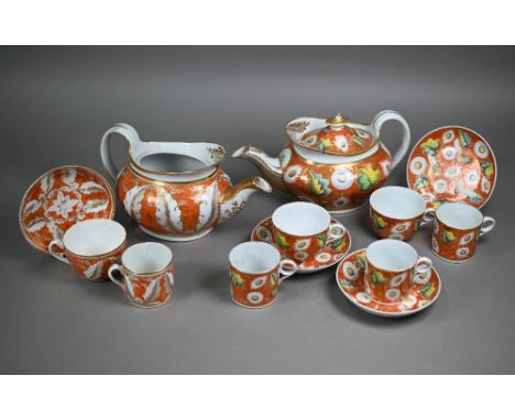 A quantity of Regency New Hall china orange-ground tea wares with floral and foliate decoration (a/f) (box) 
