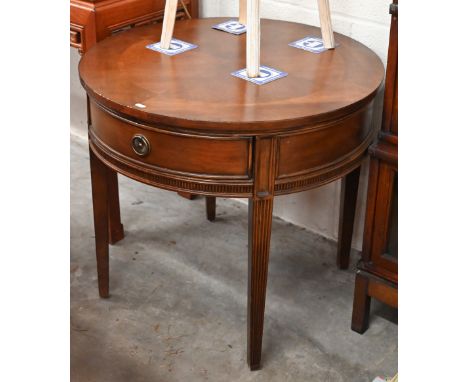 A French style quarter-veneered walnut circular lamp table with frieze drawer, tapering square supports, 70 cm diam x 64 cm h