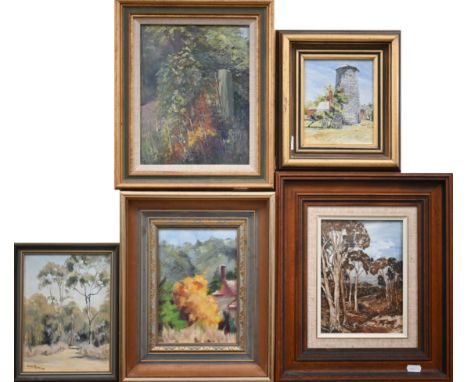 Mixed oils - Joan Ross - 'Bush Scene', oil on board, signed and dated '89, 19.5 x 14 cm; Phyllis Acott - Australian Bushlands