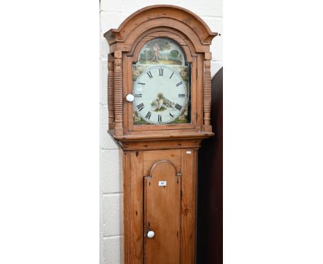 A 19th century provincial pine longcase clock with thirty hour movement, the dial painted with shepherd, dog and sheep in rur