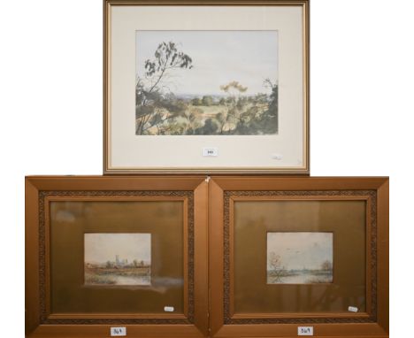Australian school - 'Evening sun on Anzac Hill, Maldon', indistinctively signed, watercolour, 27 x 36 cm to/w a pair of Engli
