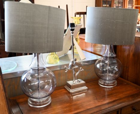 A metal table lamp with birds, to/w a pair of glass lamps with shades (3) 