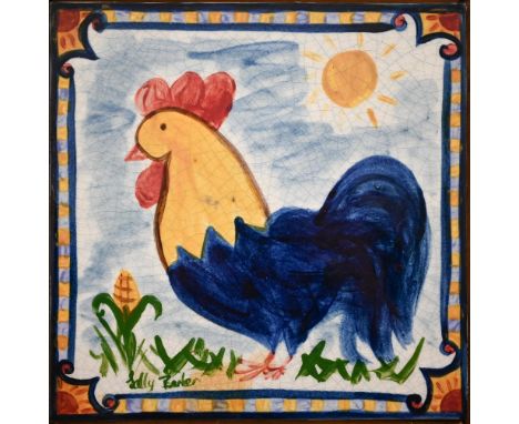Sally Barker - A framed ceramic tile of a rooster, 40 x 40 cm overall 