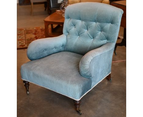 A 19th century mahogany framed country house low armchair in blue dralon button back upholstery,&nbsp;98 cm d x 77 cm w x 88 