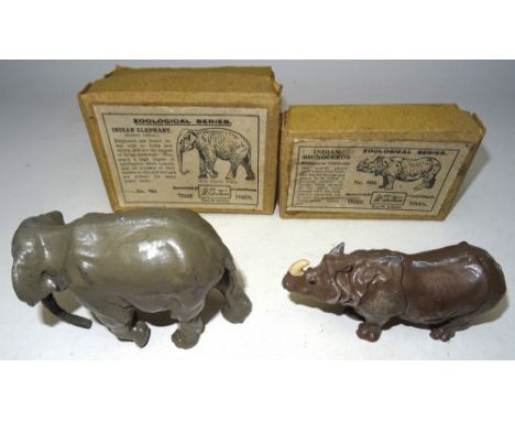 Britains 901 Indian Elephant with rubber trunk and 908 Indian Rhinoceros in original boxes (Condition Very Good-Good, elephan
