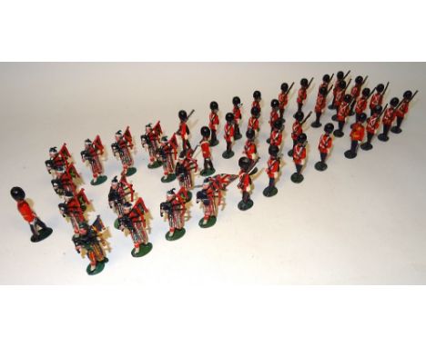 Britains FIRST VERSION Scots Guards Pipers, Pioneers, Officers, Colours and at the slope from sets 69, 75 and 82, oval bases 
