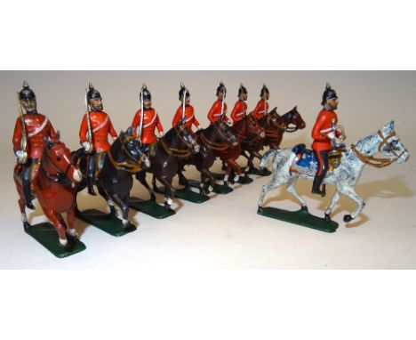 CBG Mignot RARE British Dragoons period Gerbeau green bases, spiked helmets, with Trumpeter (Condition Very Good, but saddlec