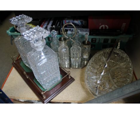 A TWO BOTTLE DECANTER STAND, SILVER PLATED CRUET SET AND A NIBBLES SERVER 