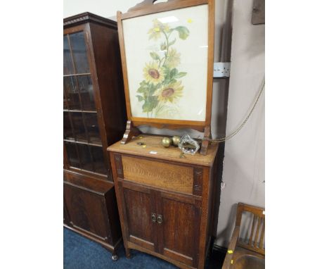 A SMAL OAK CUPBOARD & A FIRESCREEN (2)