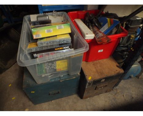 TWO TOOL CHESTS PLUS CONTENTS TOGETHER WITH TWO BOXES OF TOOLS ETC
