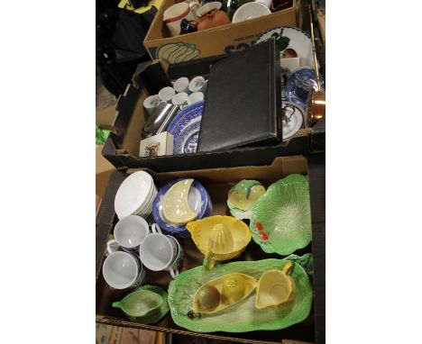 TWO TRAYS OF CERAMICS AND CHINA TO INCLUDE CARLTON WARE, ROYAL WORCESTER AND A CASED CANTEEN OF FLATWARE ETC. 