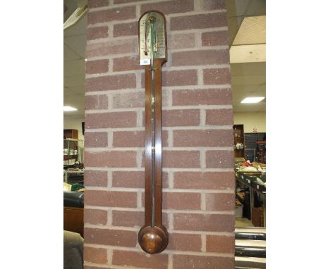 A TWENTIETH CENTURY MAHOGANY STICK BAROMETER WITH TURNED CIRCULAR CISTERN COVER, H 93 cm, S/DCondition Report:The register is
