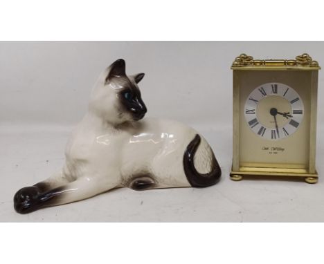 A Beswick cat, and a pair of vintage leather gloves, two carriage clocks, assorted silver plate, glassware, a print and other