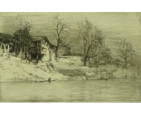 Mortimer Menpes (1855-1938), etching, Riverside Buildings, Peshwar, India, signed in pencil, plate size 17cm x 27cm, framed. 