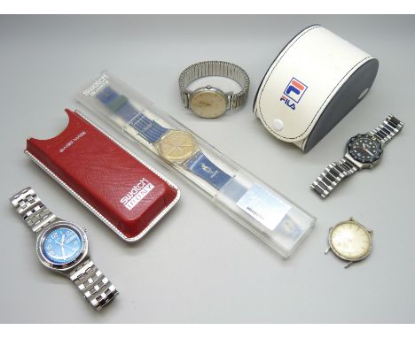 A collection of wristwatches including Swatch Irony and Swatch Atlanta 1996, Fila, Helvetia and Enicar