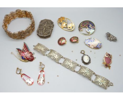 A collection of filigree and cloisonne jewellery, and a small filigree box, (stones missing in bangle)
