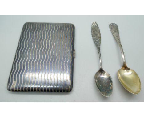 A niello .900 silver cigarette case with gilt interior, a/f, and two coffee spoons, one marked Tiffany &amp; Co Sterling, 101