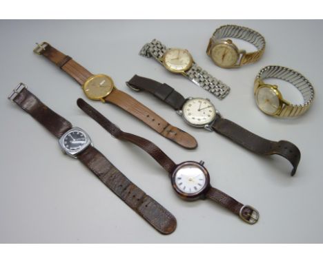 A collection of wristwatches including a Stowa German manual wind wristwatch with horned lugs, a silver cased fob watch, a/f,
