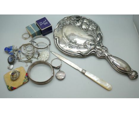 A collection of silver jewellery and other vintage jewellery, together with a silver backed hand mirror, a/f