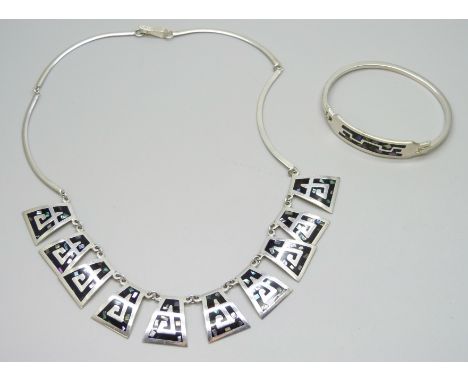 A Mexican alpaca bangle and necklace set with abalone 