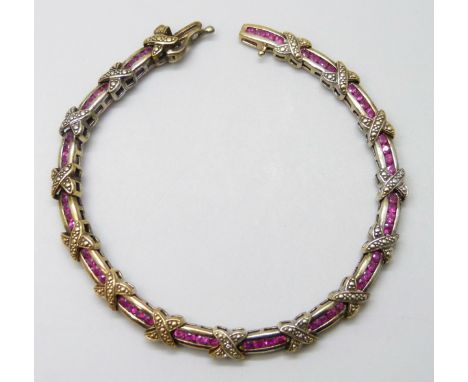 A silver gilt ruby and diamond bracelet, 7.5 inch, with certificate, some plating rubbed