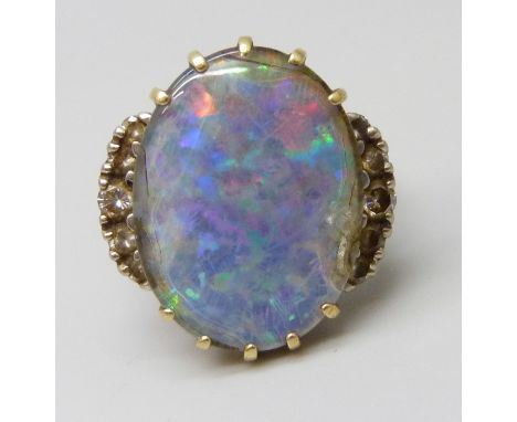 An 18ct gold triplet opal and diamond set ring, 8.6g, 1.9cm stone, O/P, opal a/f