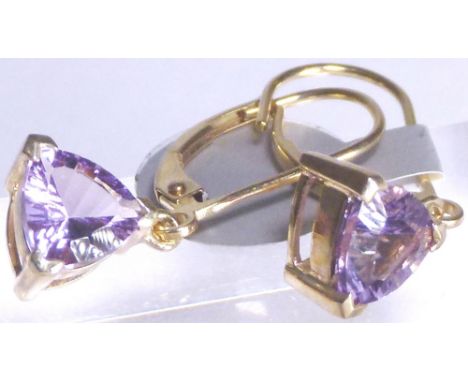 9CT EARRINGS. 9ct gold amethyst drop earrings