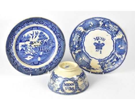 MARITIME INTEREST; two blue and white transfer printed mess plates, the first titled 'Mess No.1', with a crown within a borde