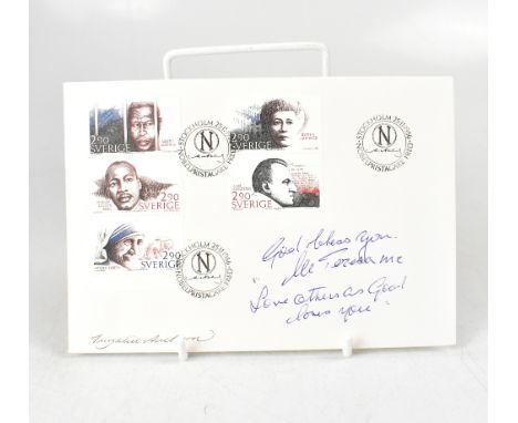 SAINT MOTHER THERESA; a first day cover dated 1986 inscribed 'God Bless You, Love other as God loves you', and bearing her si