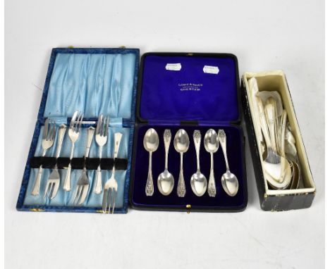 A set of six George V hallmarked silver teaspoons with bow and swag finial, London 1932, combined approx 2ozt, a box of twelv