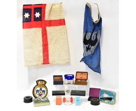 A quantity of maritime collectibles to include two signal flags, a Stratton compact, the lid with painted picture of MV Accra