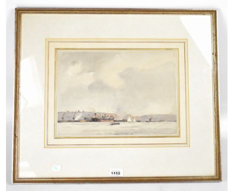 ARTHUR BRISCOE (British); watercolour, marine seascape, boats in dockyard with cloudy skies, gallery label verso, 25.5 x 36cm