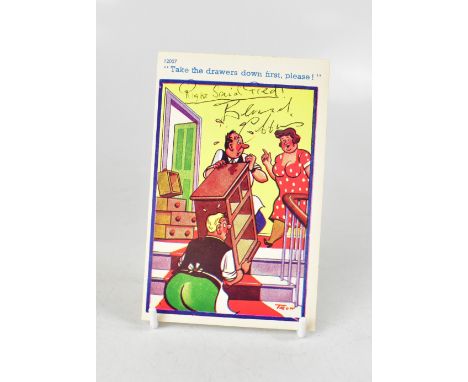 CARRY ON FILMS; a risqué postcard bearing the signatures of Sid James, Bernard Cribbins and Kenneth Williams.We have not auth