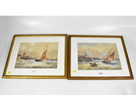 R MALCOLM LLOYD; a pair of 19th century watercolours, both depicting sail fishing boats in stormy waters just on the coastlin