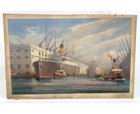 SAMUEL JOHN MILTON BROWN (1873-1965); watercolour, the liner 'Ceramic' leaving Liverpool Dock October 1943, clipping verso, s